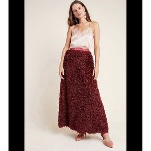 $160 Anthropologie Chantal Feathered Maxi Skirt Sz L Wine